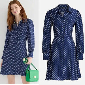 J. Crew Navy Cupro Shirtdress in Becklow‎ Polka-Dot Print Size 14